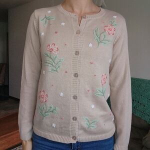 Vintage Floral Embroidered Sweater Cardigan Size Small